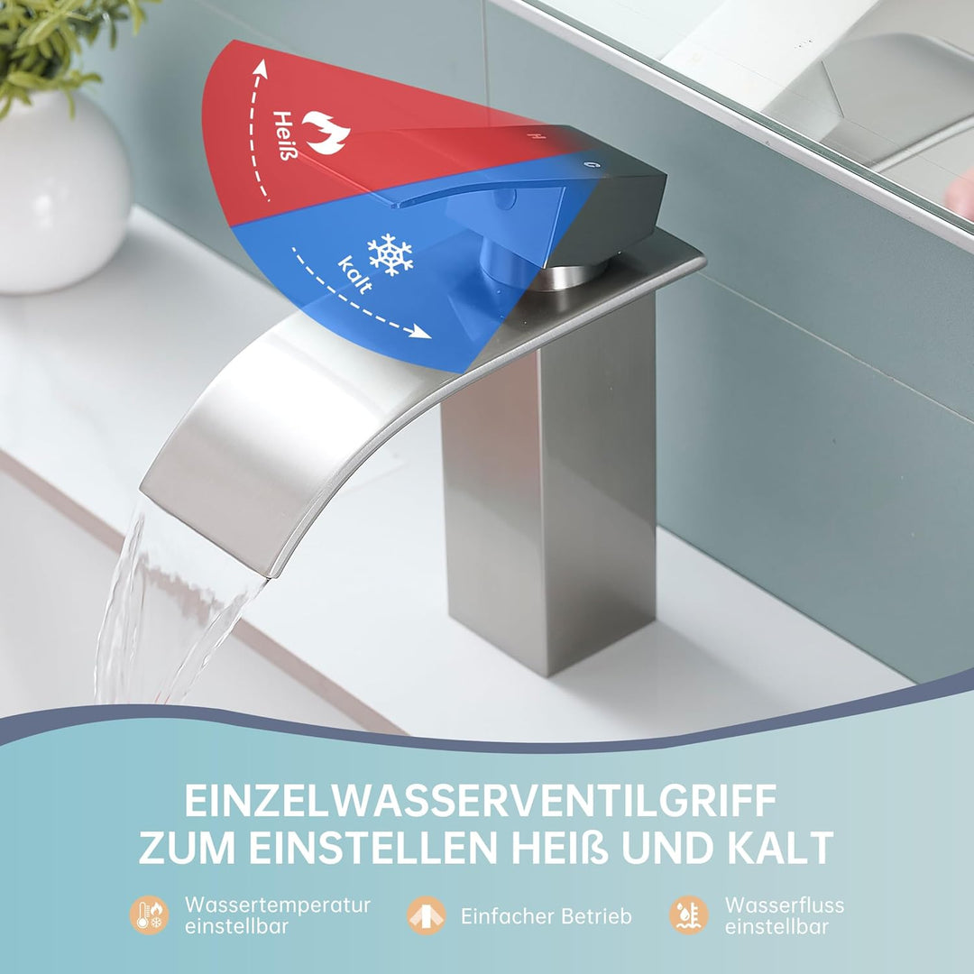 Fransiton Wasserhahn Bad, Wasserfall Waschtischarmatur mit Auslauf Höhe 60MM, Einhebelmischer für Ka