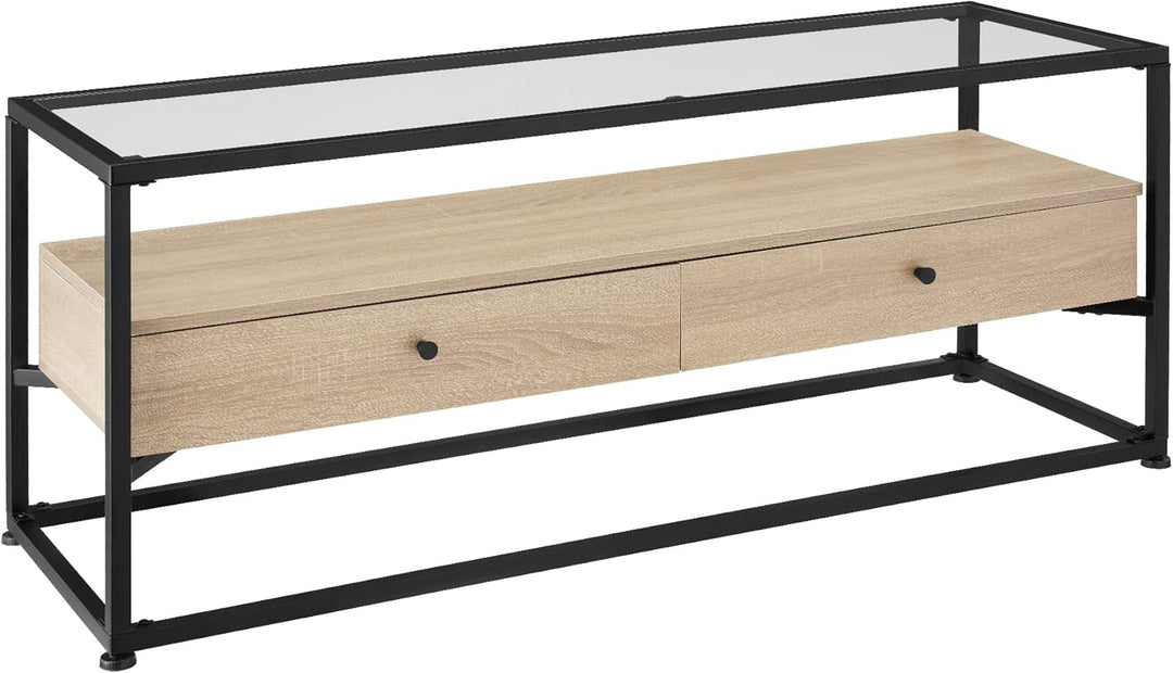 tectake® Lowboard mit 2 Schubladen und Ablagen, 121,5 x 41,5 x 50,5 cm, Fernsehtisch mit Glasplatte,