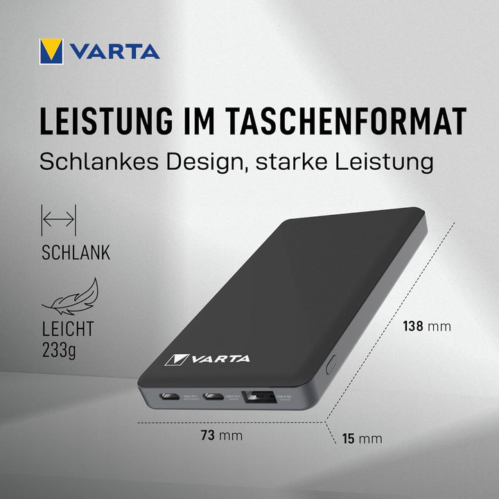 VARTA Power Bank 10000mAh, Powerbank Power on Demand mit 4 Anschlüssen (1x Micro USB, 2x USB A, 1x U