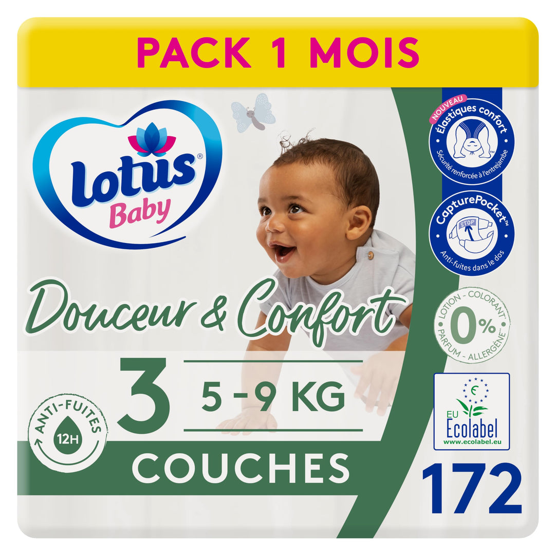 Lotus Baby Douceur Naturelle – Windeln Grösse 3 (5-9 kg) Pack 1 Monat – 172 Windeln Taille 3 (172 Un