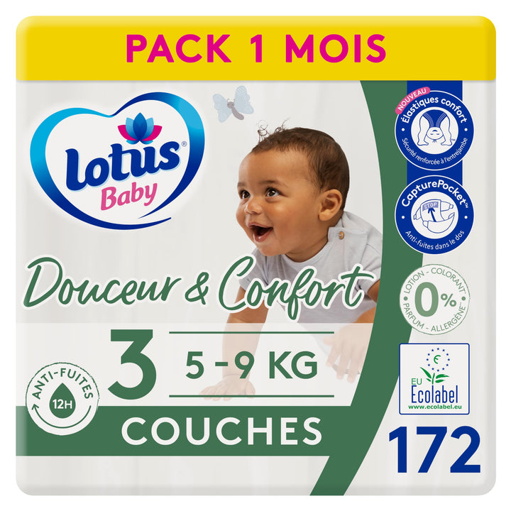 Lotus Baby Douceur Naturelle – Windeln Grösse 3 (5-9 kg) Pack 1 Monat – 172 Windeln Taille 3 (172 Un