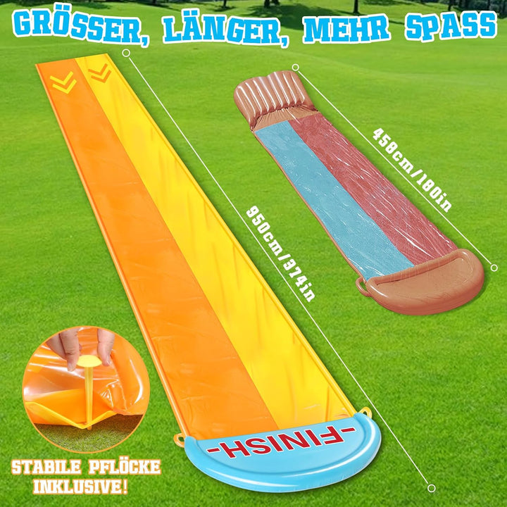 31,16ft/950cm Wasserrutsche Garten, 1.55m Doppelte Aufblasbare Wasserrutsche mit 2 Aufblasbaren Boar