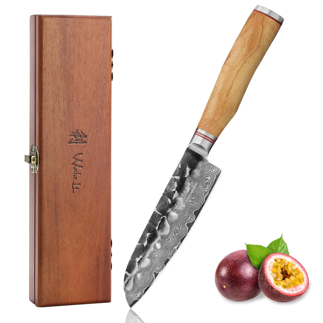 Wakoli Olive HS Serie Damastmesser kleines Santokumesser 13cm Klinge extrem scharf aus 67 Lagen I Da