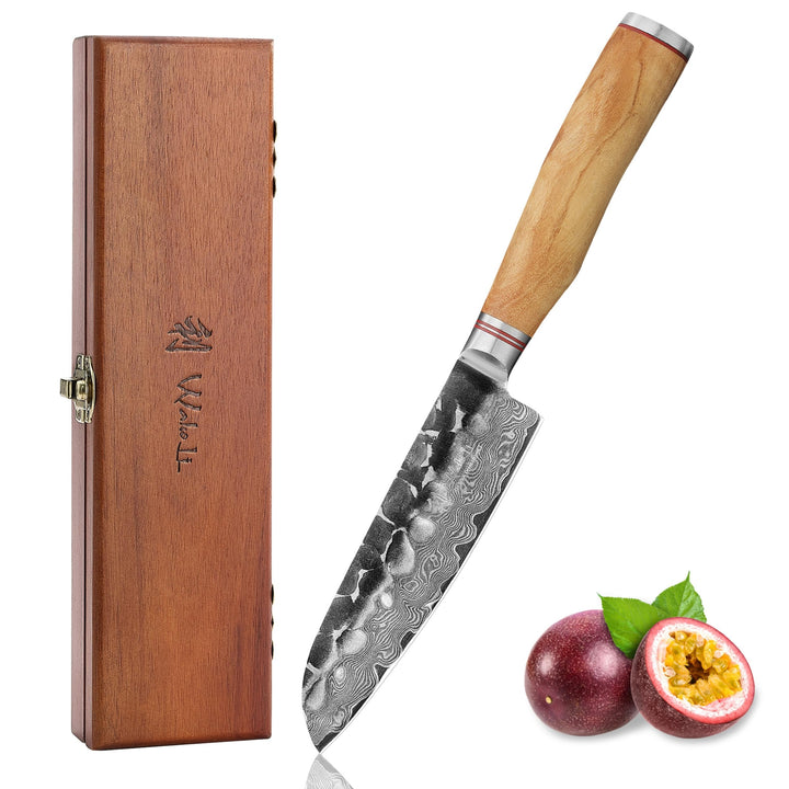 Wakoli Olive HS Serie Damastmesser kleines Santokumesser 13cm Klinge extrem scharf aus 67 Lagen I Da