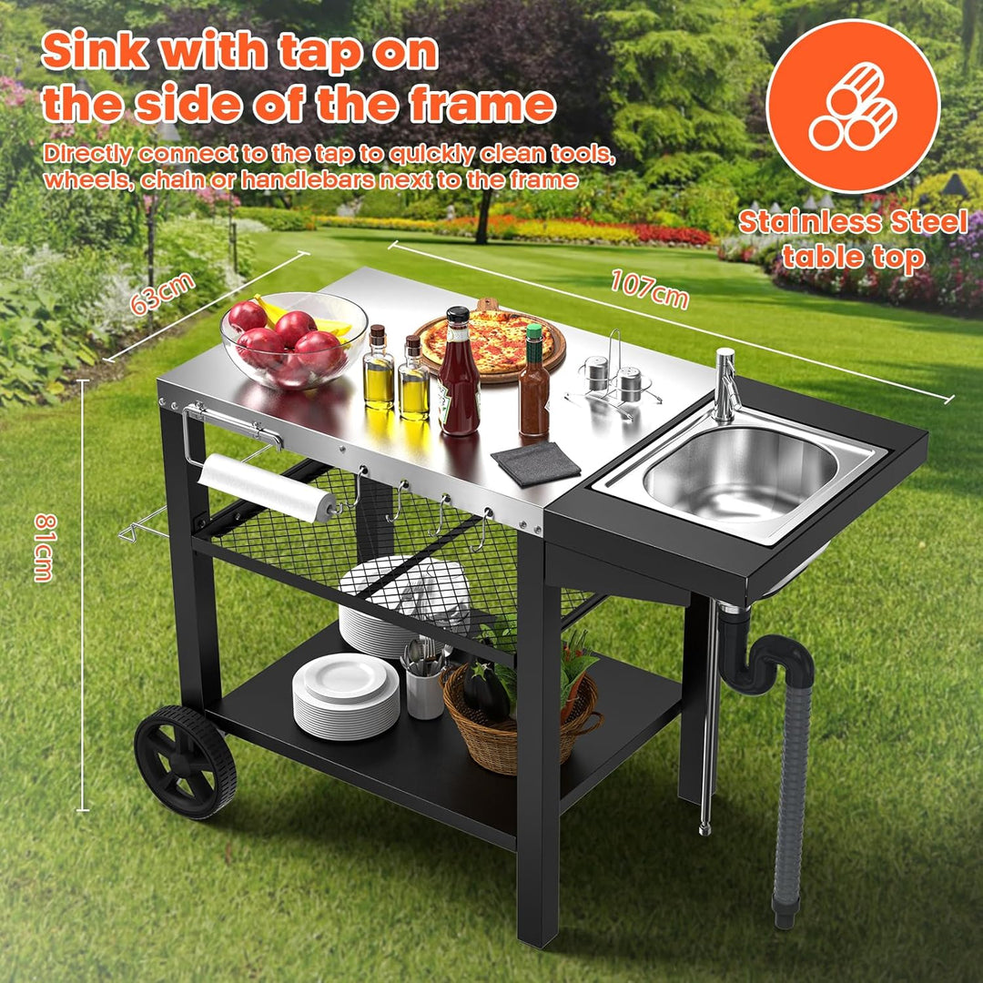 GFTIME Grillwagen 107x63x81cm, Grilltish mit Spüle für Ninja woodfire, für Pizzaöfen, grillwagen Out