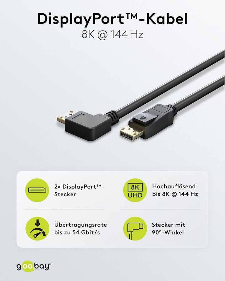 goobay DisplayPort Kabel 2.0/2.1, 5 Meter, 8K 144Hz, 54 Gbit/s, 90° Stecker, UHD, HDR, DSC, G-Sync,