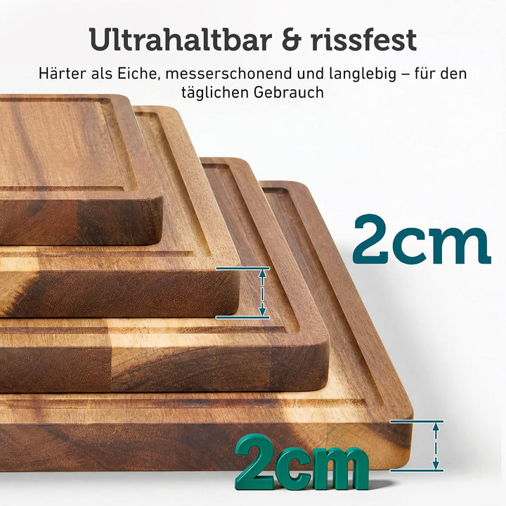 Schneidebrett Holz 4er Set aus massiver Akazie – Holzschneidebrett gross 40x30 cm / 33x24 / 26x18/21
