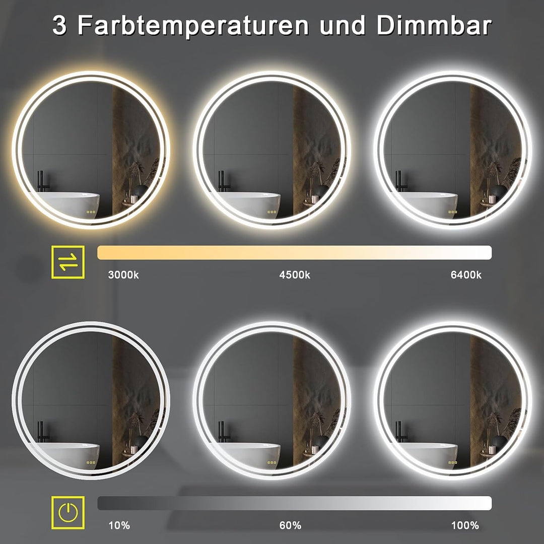 AI-LIGHTING Led Badezimmerspiegel mit Beleuchtung 50cm Badspiegel Rund Beleuchtet Antibeschlag Wands