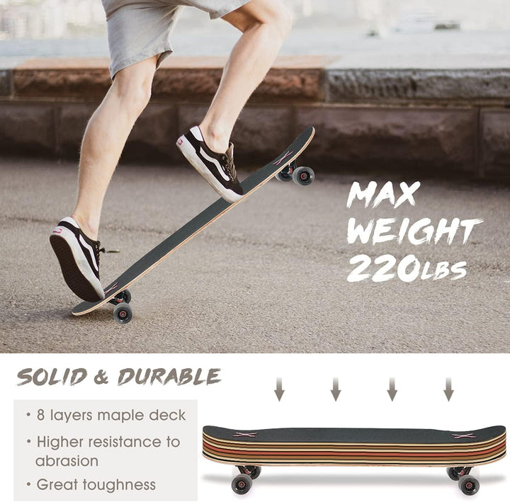 Opurtdor Longboard 118CM Pro Skateboard, Cruiser Trick Skateboard, Komplettes 8 Etagen Ahornholz, Sc