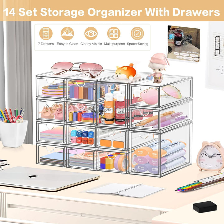 Schreibtisch-Organizer mit 14 Schubladen, ToyaJeco Acryl stapelbar Desktop Lagerung Schubladen Make-