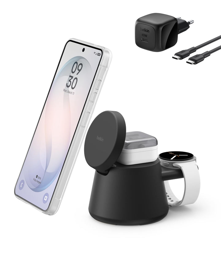 Belkin UltraCharge 3 in 1 Ladegerät, USB C Port für Smartwatch, Qi2.2 Wireless Charger, Induktive La
