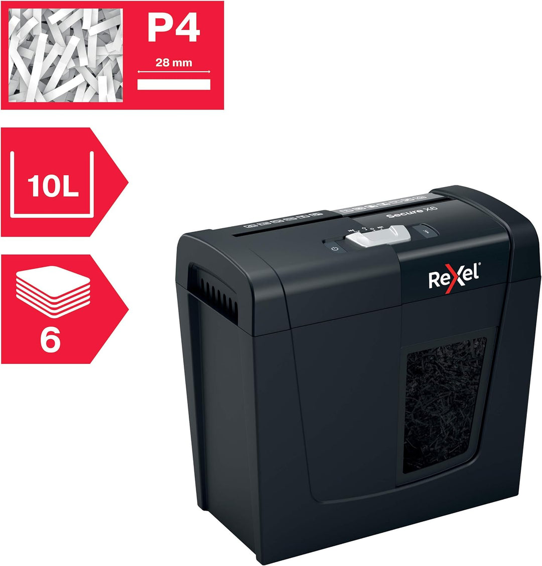 Rexel Aktenvernichter Secure X6, Partikelschnitt, 7-6 Blatt A4 (70-80 g/m²) Kapazität, Sicherheitsst