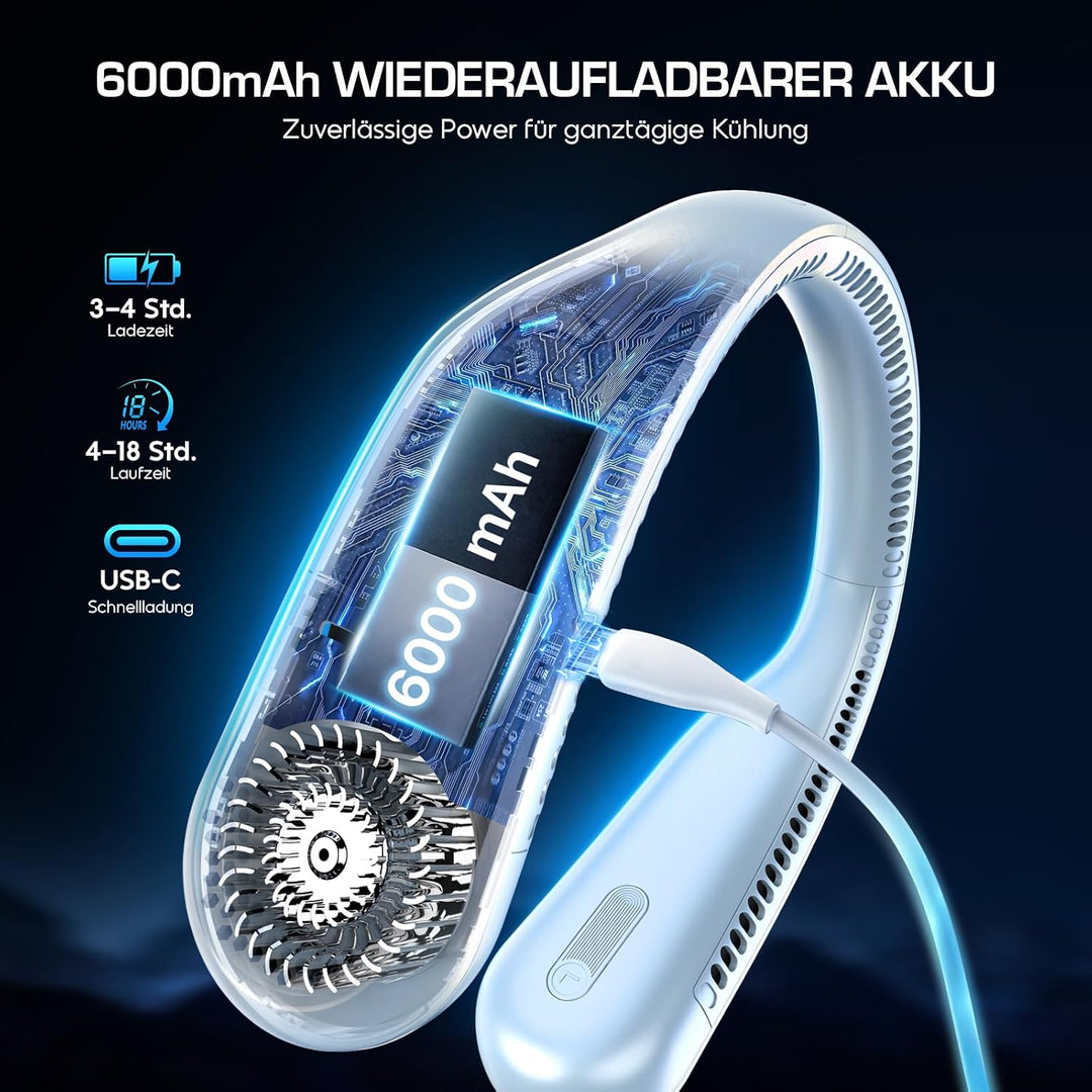 Nackenventilator 6000mAh | Ventilator Hals Hängend, Tragbarer, 4 Geschwindigkeiten, Freihändiger, fü