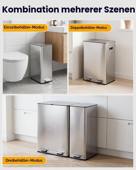 YEAUPE PRO Mülleimer Küche 60L (2x20L + 20L) 3 fächer Treteimer Edelstahl | Recycling Abfalleimer fü