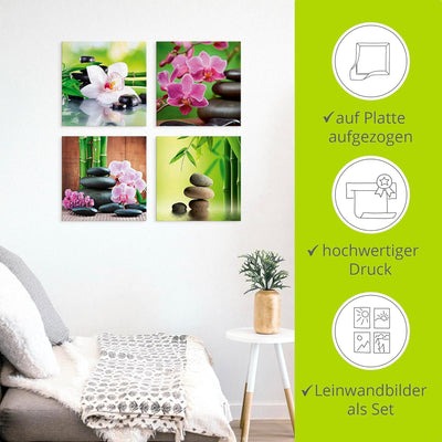 ARTLAND Leinwandbilder auf Holz Wandbild Bild Set 4 teilig je 40x40 cm Quadratisch Wellness Zen Stei