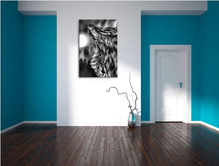 Pixxprint Abstrakter Wolf mit Mond als Leinwandbild | Grösse: 100x70 | Wandbild| Kunstdruck | fertig