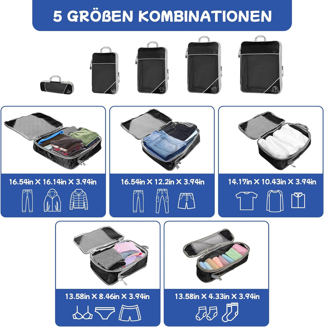 5-teilig Kompressions Packwürfel Set für Reisen, Compression Packing Cube zur Organisation Ihres Rei