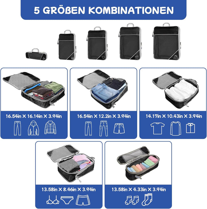 5-teilig Kompressions Packwürfel Set für Reisen, Compression Packing Cube zur Organisation Ihres Rei