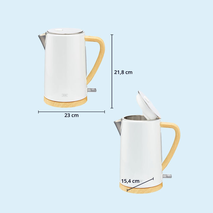 KHG Wasserkocher WK-1716 WWD weiss - holzfarbene Applikation Edelstahl 1,7 Liter, Kalkfilter, Wasser