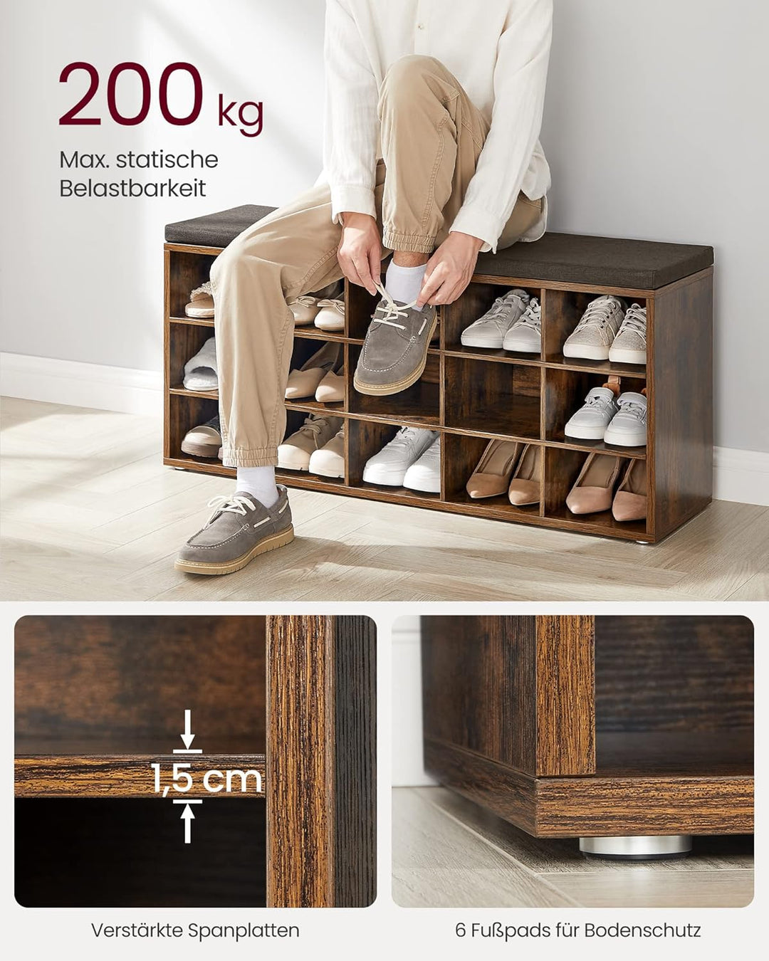 VASAGLE Custos Kollektion - Schuhbank, Schuhregal mit Sitzfläche, Sitzbank mit Stauraum, Kissen, 15