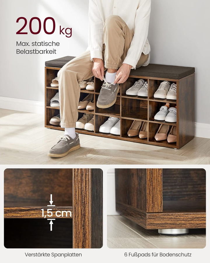 VASAGLE Custos Kollektion - Schuhbank, Schuhregal mit Sitzfläche, Sitzbank mit Stauraum, Kissen, 15