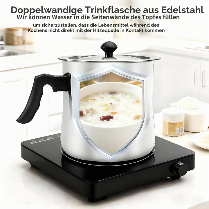 Milchtopf, Doppelwandiger Milchtopf aus Edelstahl, 2 Liter Milchtopfs mit Deckel und Rutschfester Ku