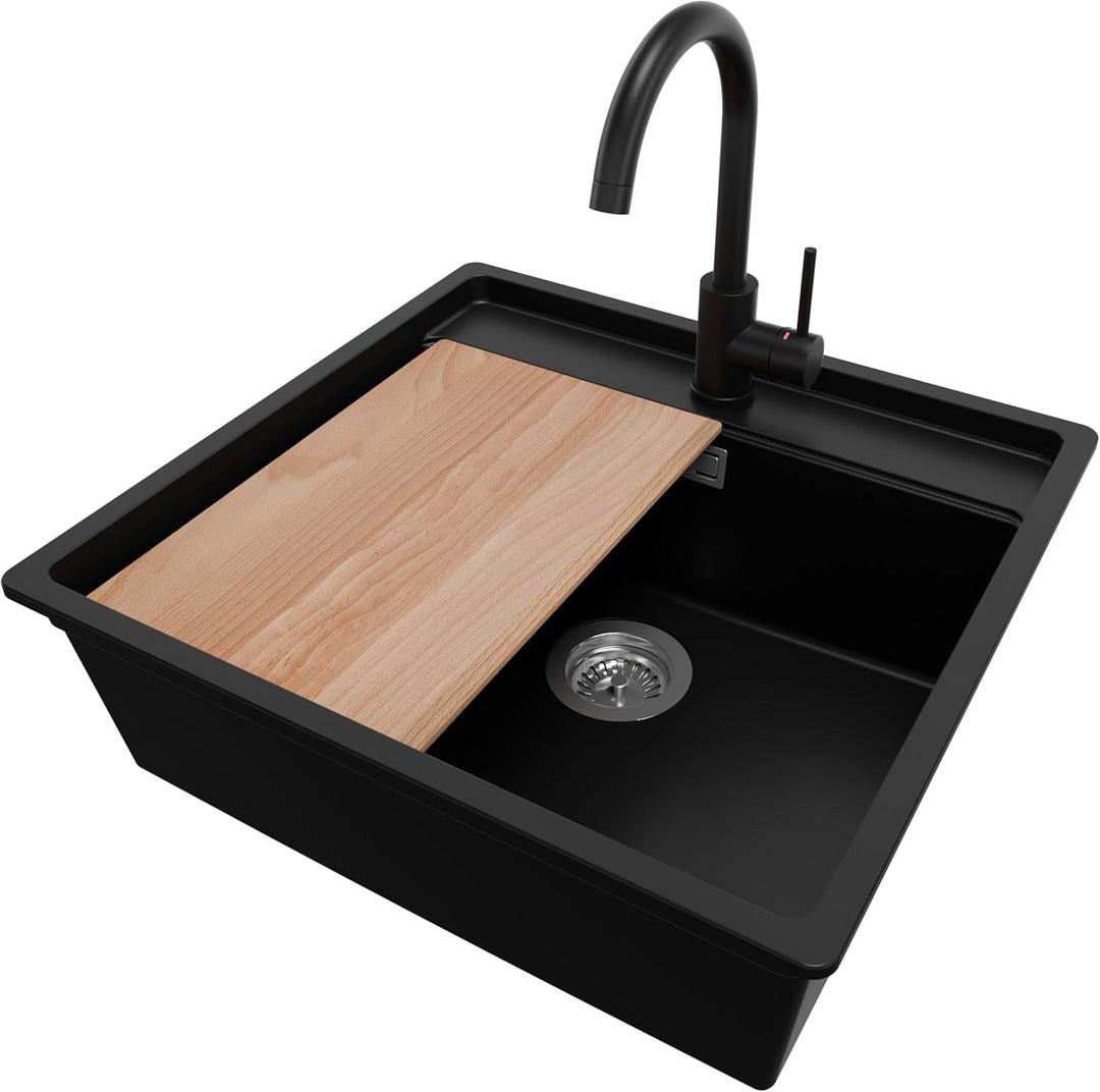 Granitspüle Schwarz 56x53cm, Spülbecken 1 Becken + Ablauf-Set + Küchenarmatur + Schneidebrett, Küche