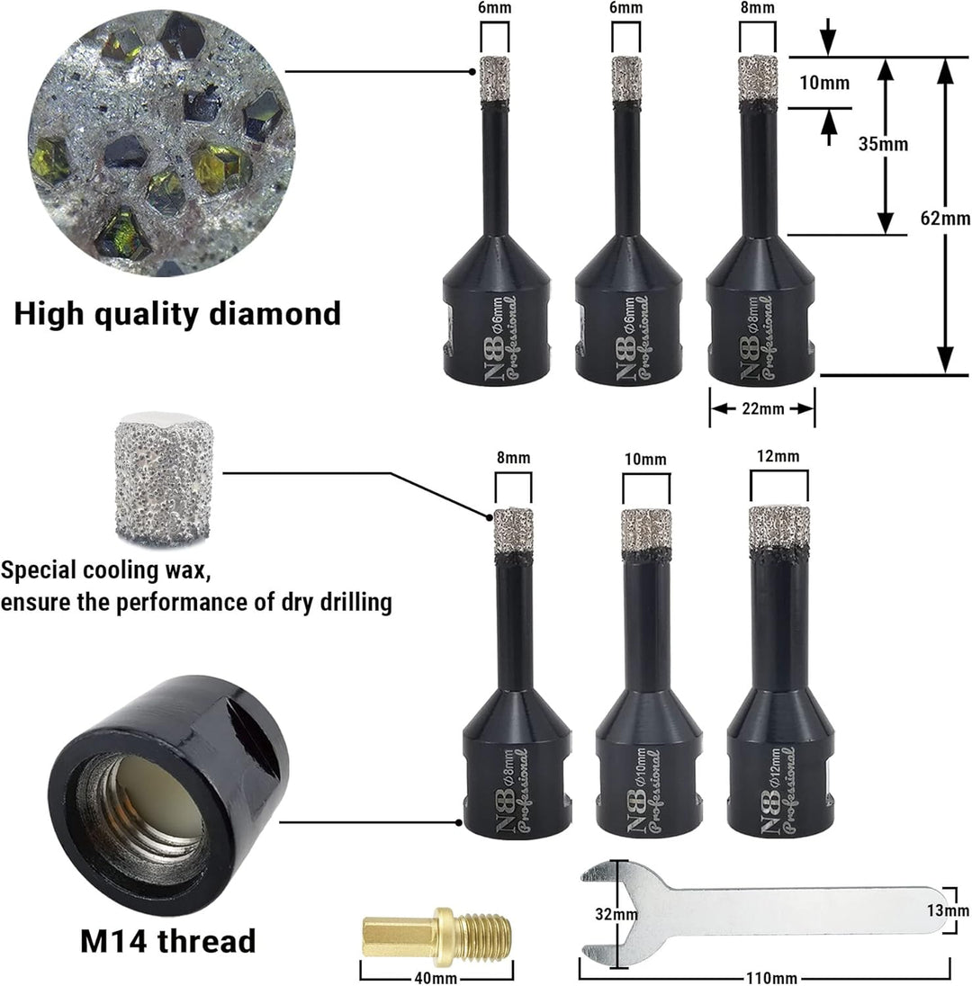6pcs NBB vakuumgelötete Diamant lochsäge mit M14 zum professionellen Trocken- oder Nass bohren auf h