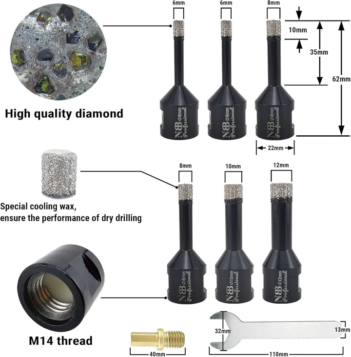 6pcs NBB vakuumgelötete Diamant lochsäge mit M14 zum professionellen Trocken- oder Nass bohren auf h