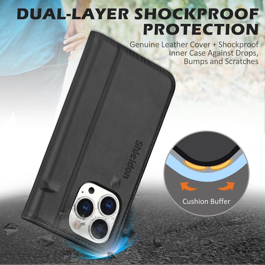 SHIELDON Hülle für iPhone 15 Pro 5G, Handyhülle [Echtleder] [Kartenfach] [Magnet] [Standfunktion] [R