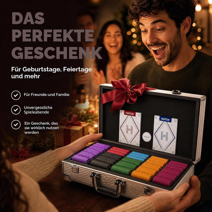 HEITOK Poker Set 1000 Chips – 11,5g ABS Pokerchips mit Werten – Robustes Set für Texas Hold'em & Cas