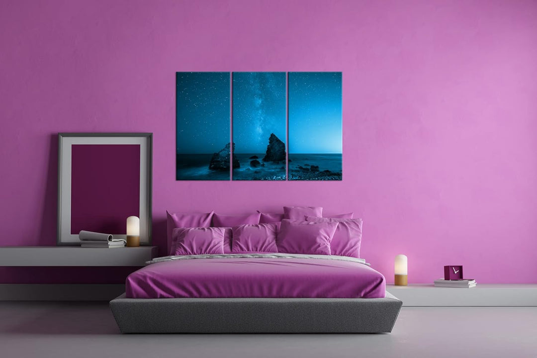 atemberaubender Sternenhimmel am Meer Effekt: Zeichnung Format: 3-teilig 120x80, Motiv fertig gerahm