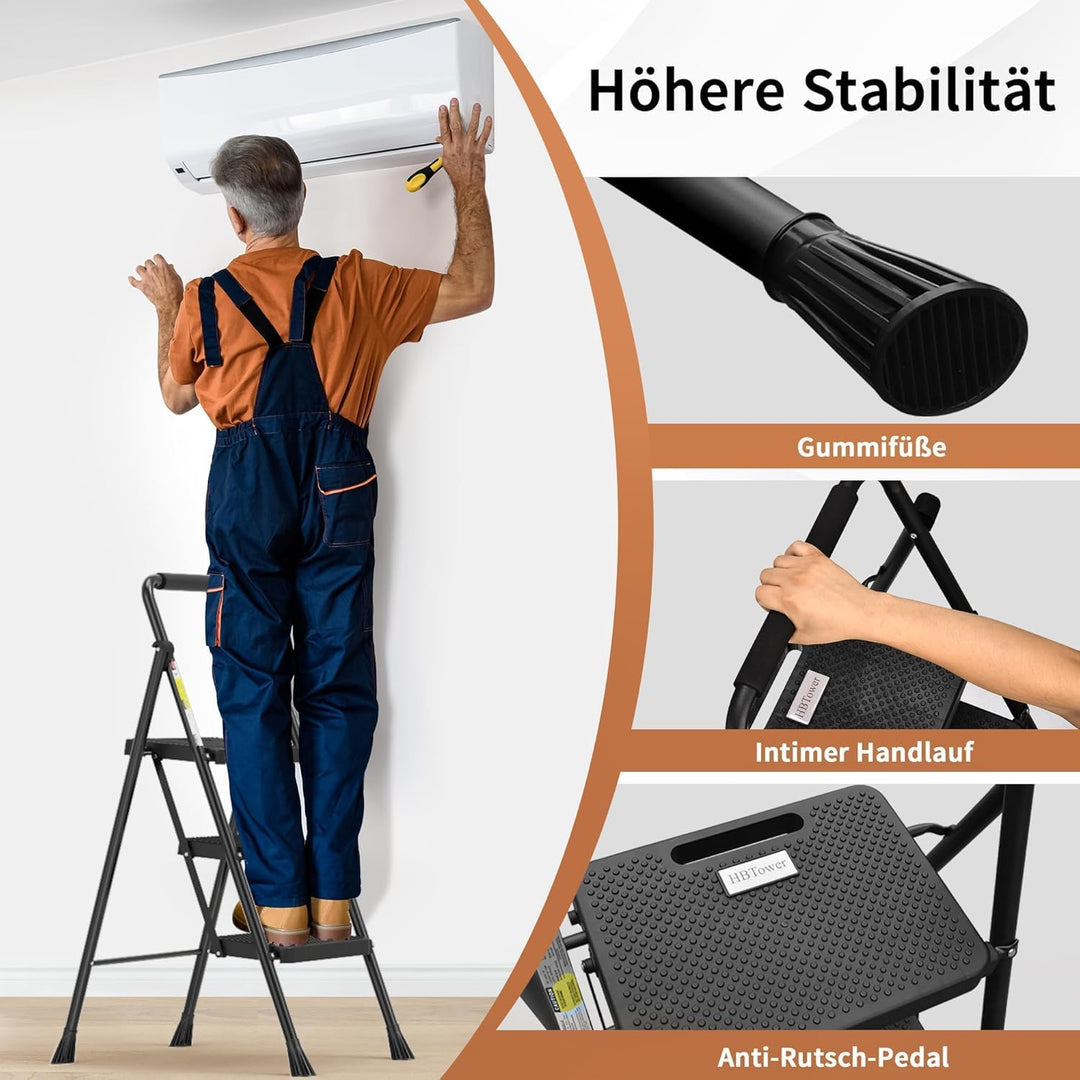 HBTower Trittleiter 3 Stufen klappbar, Leiter mit Breitem Anti-Rutsch-Pedal, Trittleiter mit Bequeme