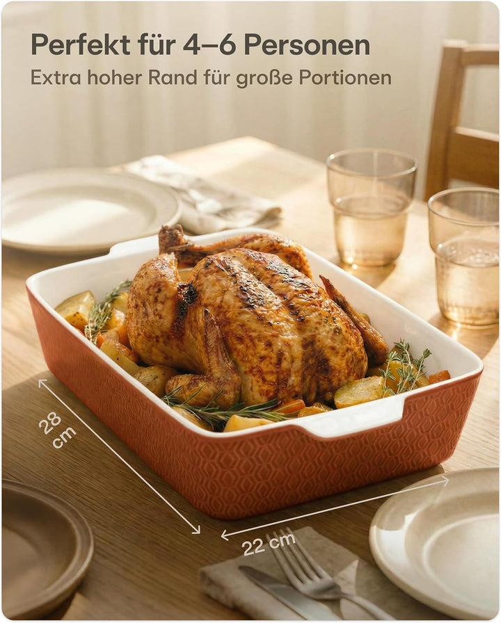 Auflaufform Gross aus Keramik - Extra Hoher Rand - Für Lasagne, Tiramisu & Auflauf - Eckig - Rot, Ro