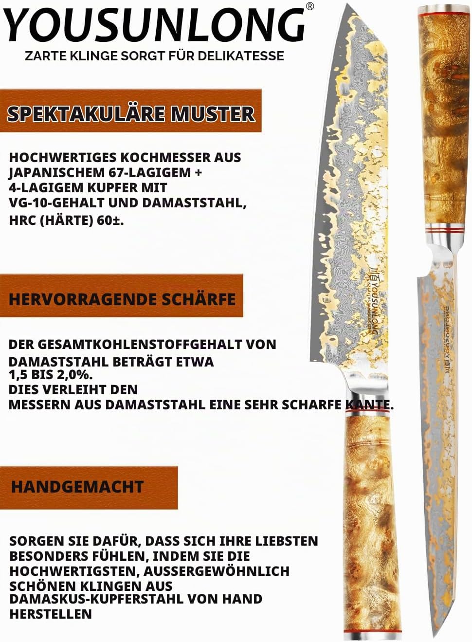 YOUSUNLONG Kiritsuke Kochmesser - 210mm Japanische Kupfer Damaszener Stahl Klinge - Rasiermesserscha