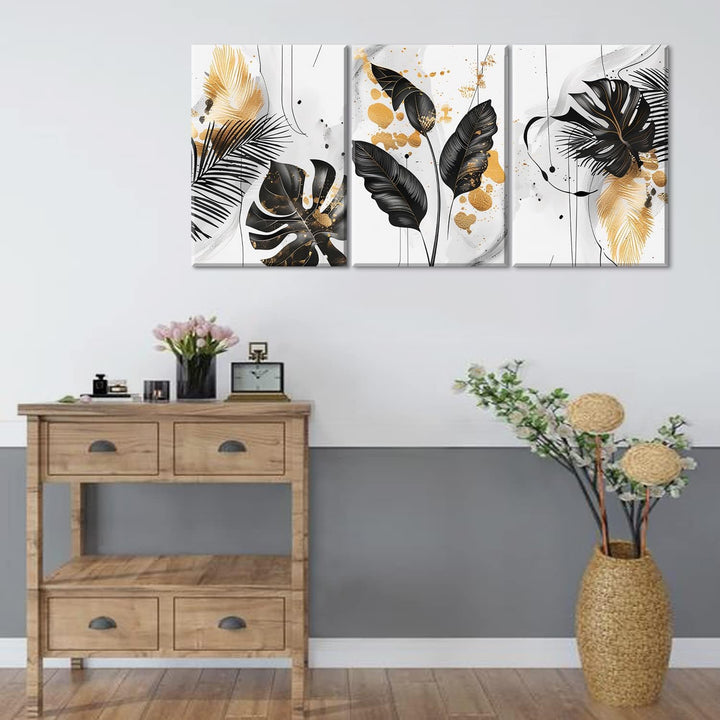 Piy Painting Modern Leinwand Wandbilder, Botanisch Blätter Leinwand Wandkunst, Schwarz Gold Weiss Ei