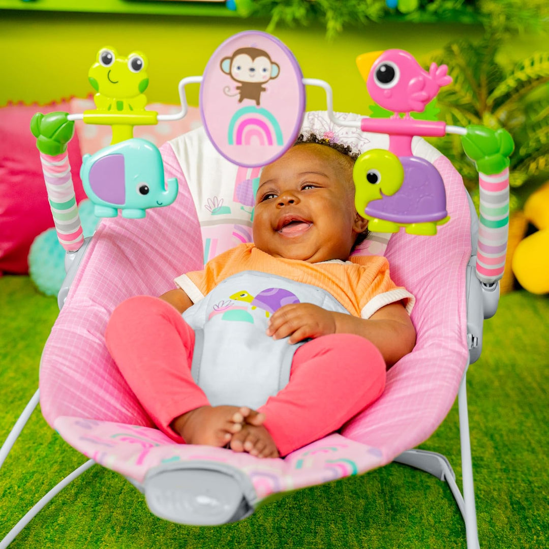 Bright Starts, Pink Paradise Tragbare Babywippe Babyschaukel mit vibrierendem Sitz und Spielzeugstan
