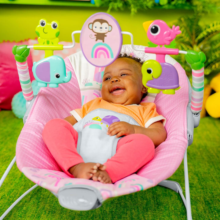 Bright Starts, Pink Paradise Tragbare Babywippe Babyschaukel mit vibrierendem Sitz und Spielzeugstan
