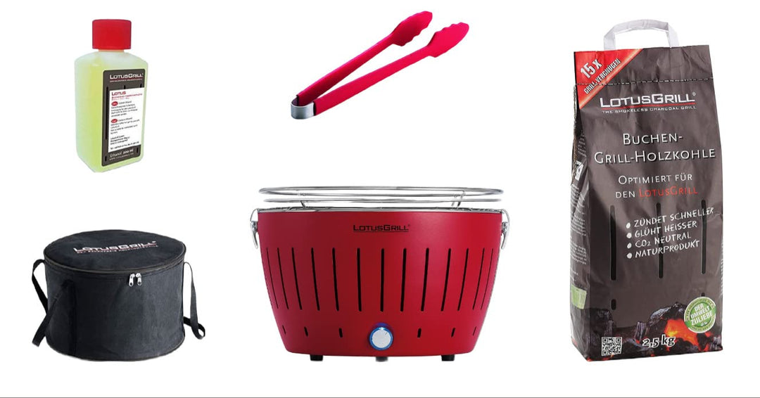 LotusGrill Starter-Set Classic 1x Grill Feuerrot mit USB-Anschluss, 1x Buchenholzkohle 2,5 kg, 1x Br