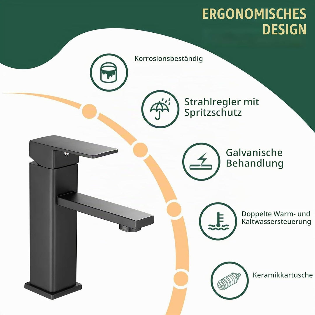 Einloch-Waschtischarmatur eckig Schwarz,Einhebelmischer mit Keramikkartusche, aus Edelstahl(1, Schwa
