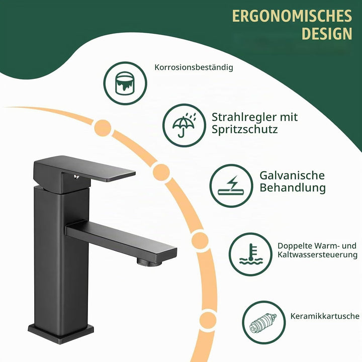 Einloch-Waschtischarmatur eckig Schwarz,Einhebelmischer mit Keramikkartusche, aus Edelstahl(1, Schwa