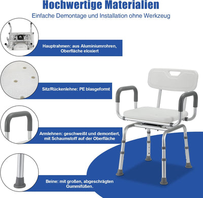 Randaco Duschhocker 360°Drehbar mit Rückenlehne und Armlehne,Höhenverstellbar 70-78cm,Rutschfester D