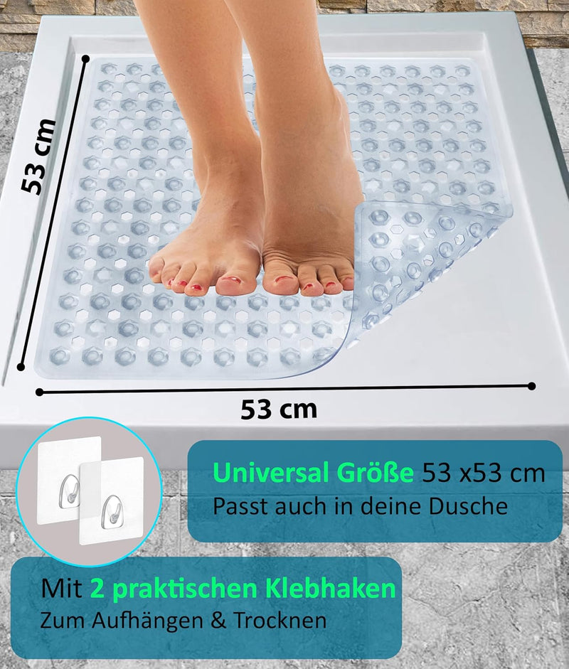 Blumbach® Duschmatte rutschfest 53x53cm - 100% BPA-frei - Inkl. 2 Haken zum Aufhängen - griffige Ant