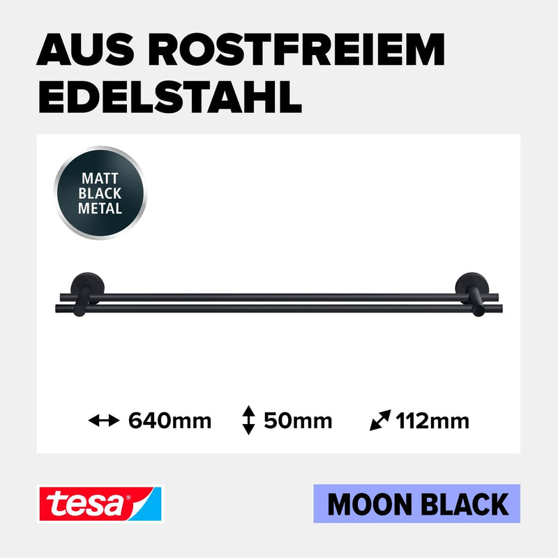 tesa MOON BLACK Doppel-Handtuchstange, matt schwarz - Badetuchhalter mit 2 Stangen - zur Wandbefesti