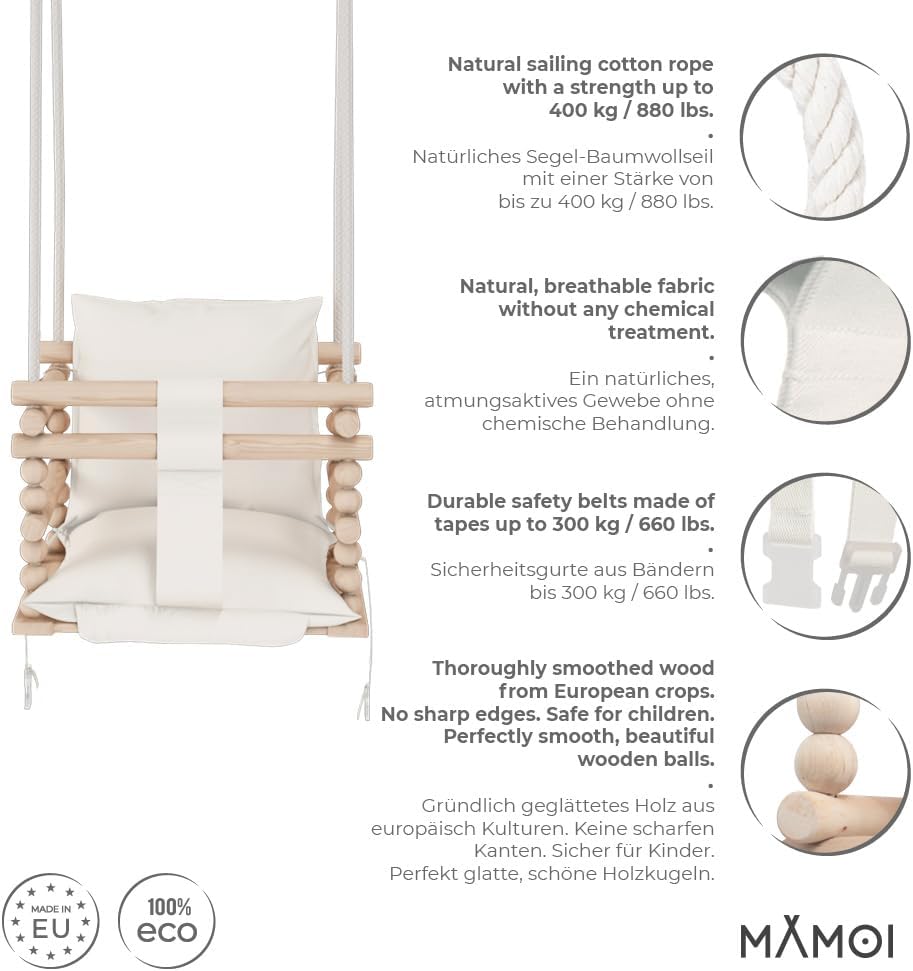 MAMOI® Babyschaukel Holz | Indoor Babyschaukel | Kinderschaukel Indoor | Babyschaukel 3 in 1 + SICHE