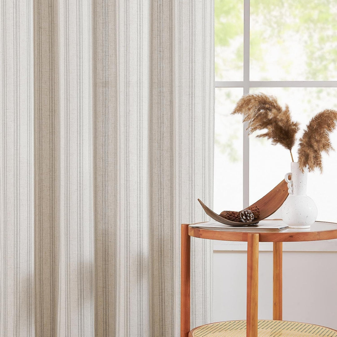 TOPICK Leinen Gestreifte Vorhänge Grau Streifen Gardinen mit Ösen Ticking Streifen Muster Leinenopti
