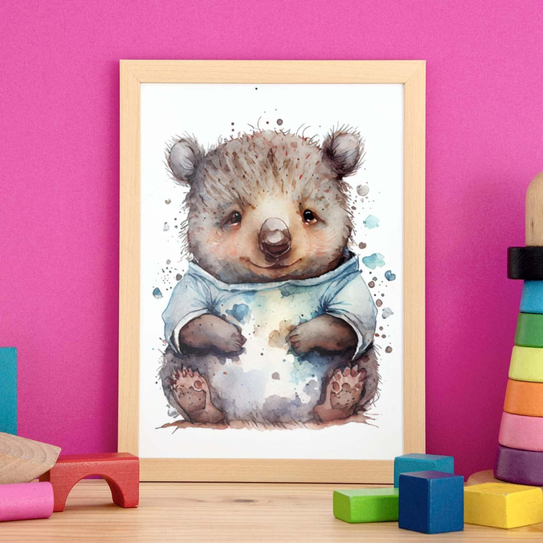 Nacnic Wombat Poster im Aquarellstil. Illustrationen von niedlichen Tierbabys auf weissen Hintergrün
