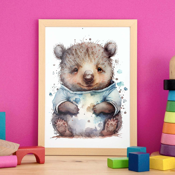 Nacnic Wombat Poster im Aquarellstil. Illustrationen von niedlichen Tierbabys auf weissen Hintergrün