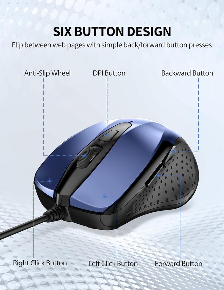TECKNET Maus mit Kabel, Optical Business Mouse Verdrahtete Ergonomische Maus mit 6 Tasten, 2 Verstel