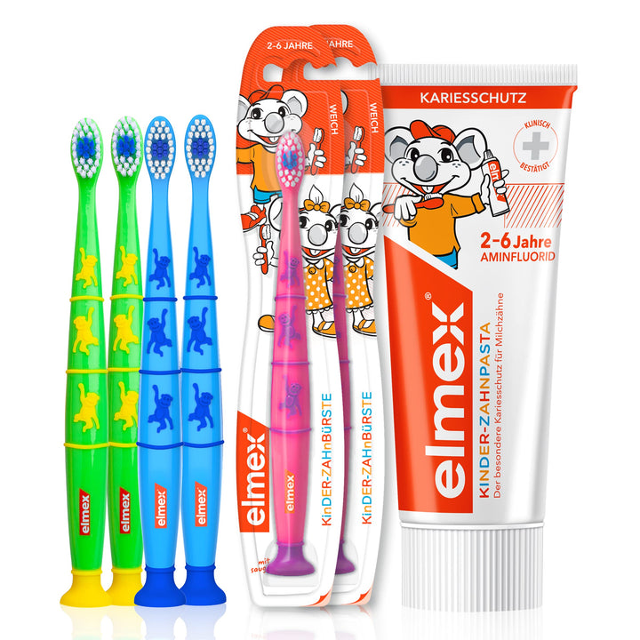Elmex Kinder Set mit Zahnpasta & 6 Zahnbürsten - besonderer Kariesschutz für Milchzähne, 2-6 Jahre 1